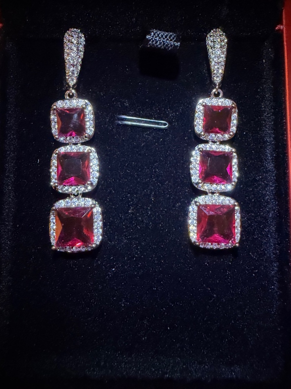 Ruby Moissante Drop Earrings: Graduated Cushion Gemstones,14kt White Gold/Silver